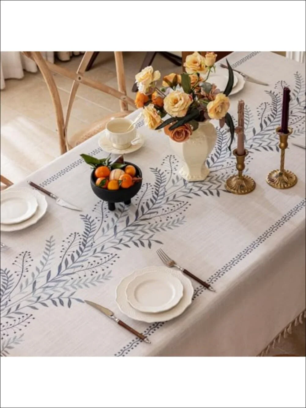 Waterproof Linen Blend Tablecloth Fern Embroidery Rectangle Tassels